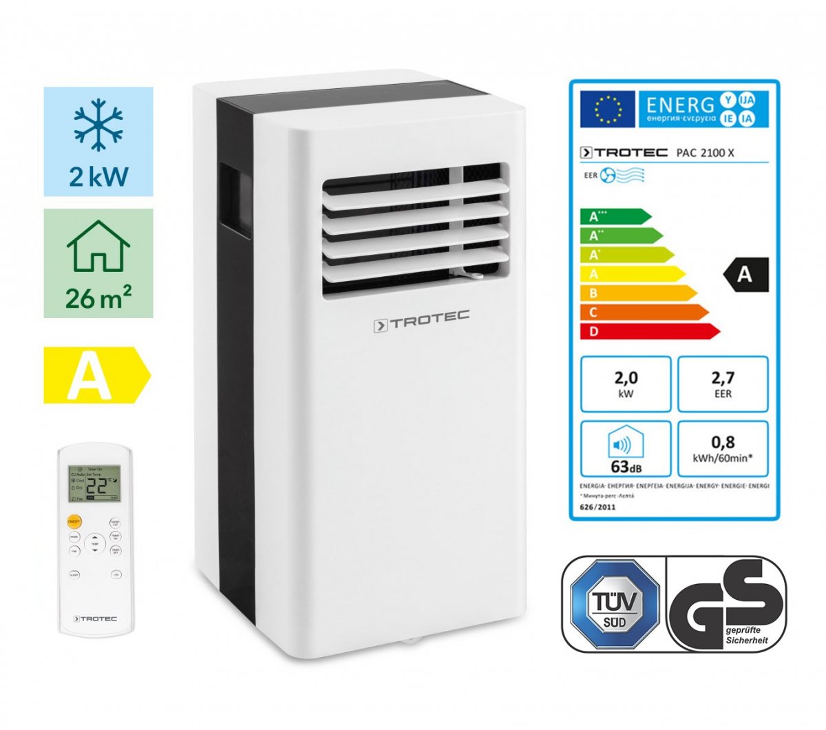 Mobil luftkonditionering Trotec PAC 2600 X och fönstertätning Trotec AirLock 100