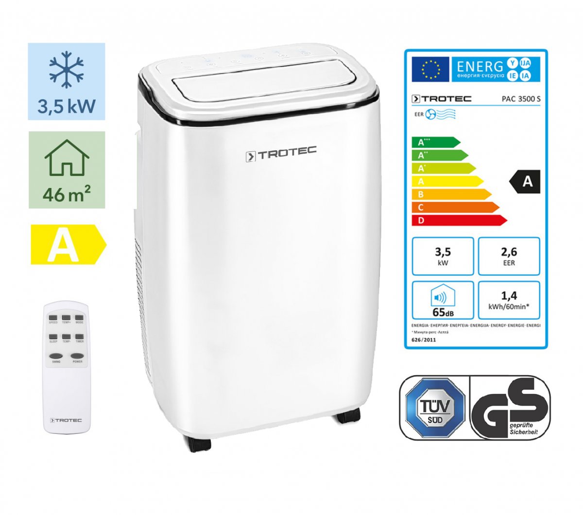 Mobil luftkonditionering Trotec PAC 3500 S och fönsterlist Trotec AirLock 100